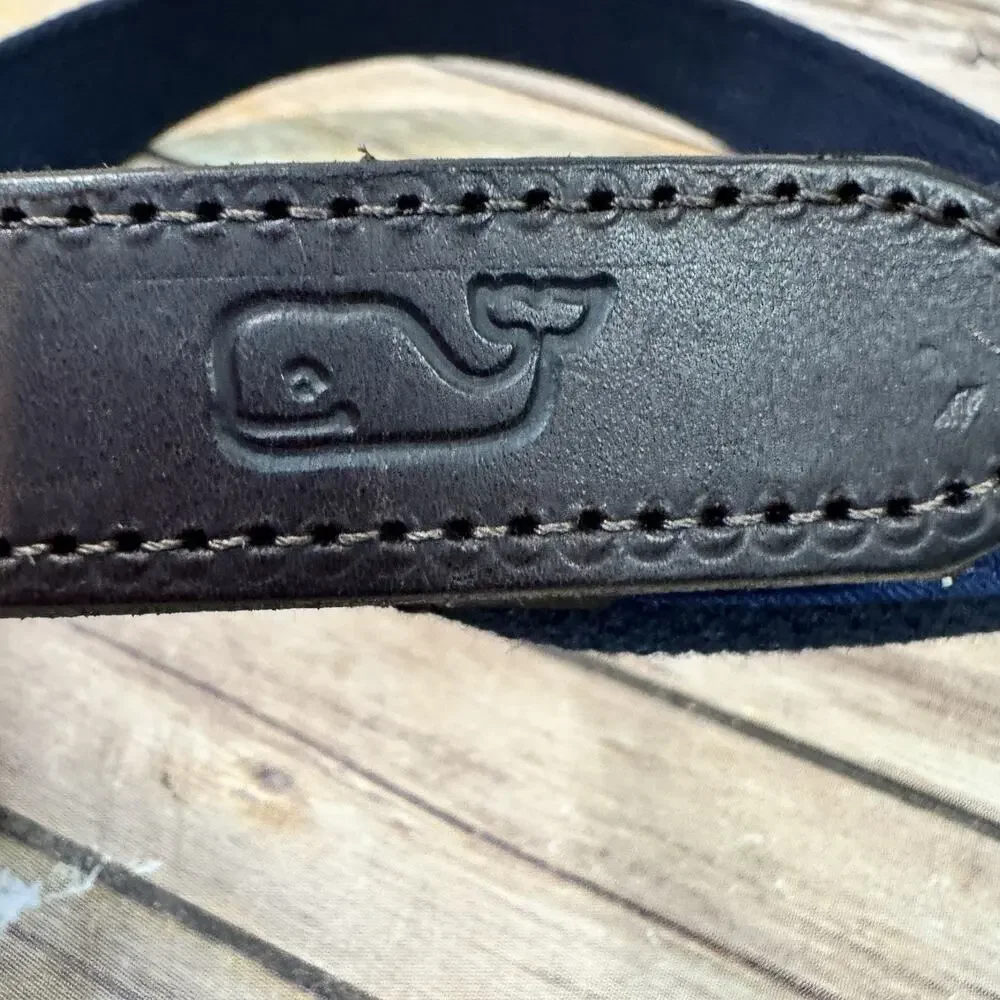 Vineyard Vines Boys Navy Blue & Brown Leather Preppy Swordfish Belt 28